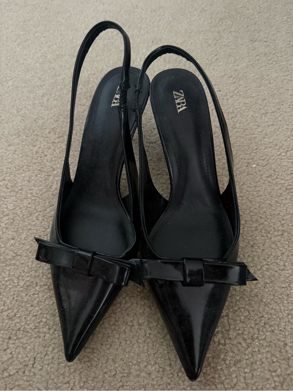 Zara Black Pointed Slingback Pumps with Bow Accent